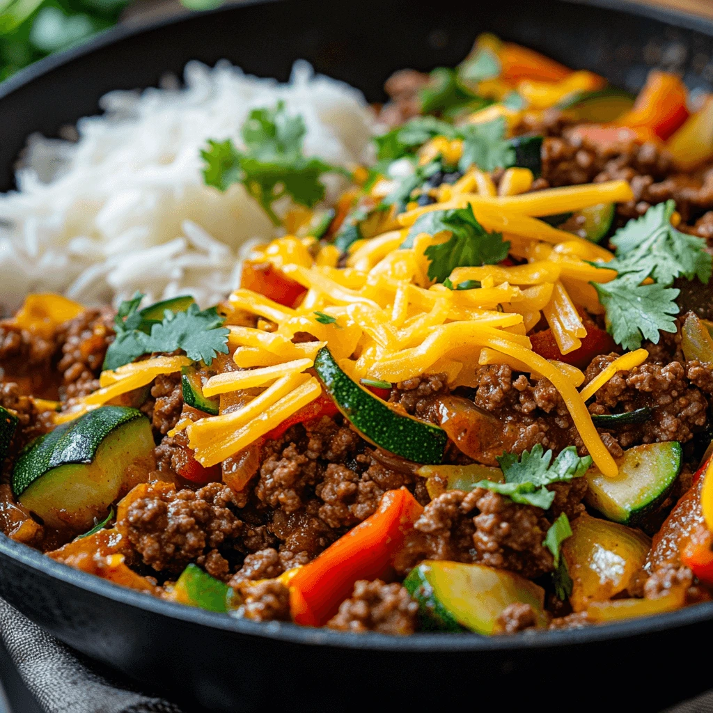 Ground beef stir-fry with bell peppers, zucchini, onions, black beans, and rice, topped with shredded cheddar cheese and cilantro.