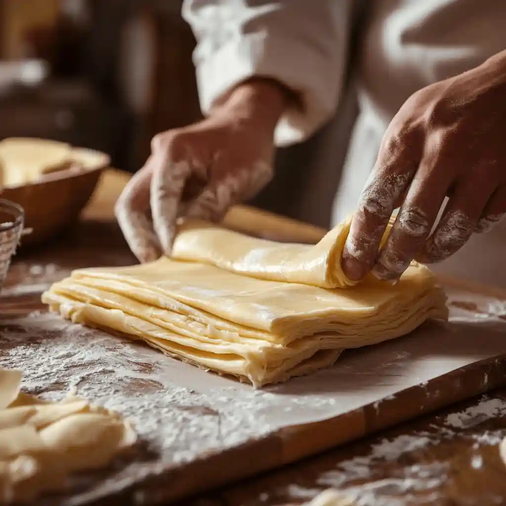 A pastry chef folding laminated dough into thirds, revealing layers of dough and butter. The dough is being rolled on a wooden countertop, with parchment paper, a rolling pin, and a dough scraper in the background. The cozy kitchen is softly lit to highlight the layers.