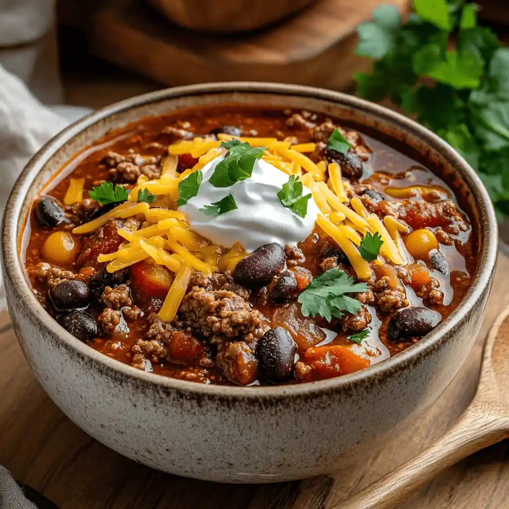 Ground beef chili in a bowl with kidney beans, black beans, tomatoes, and topped with shredded cheddar cheese, sour cream, and fresh cilantro.